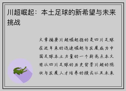 川超崛起:本土足球的新希望与未来挑战 川超崛起:本土足球的新希望与未来挑战